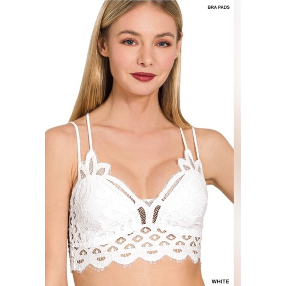 Zenana White Floral Lace Bralette Caged Back Longline Padded Boho Festival Top M